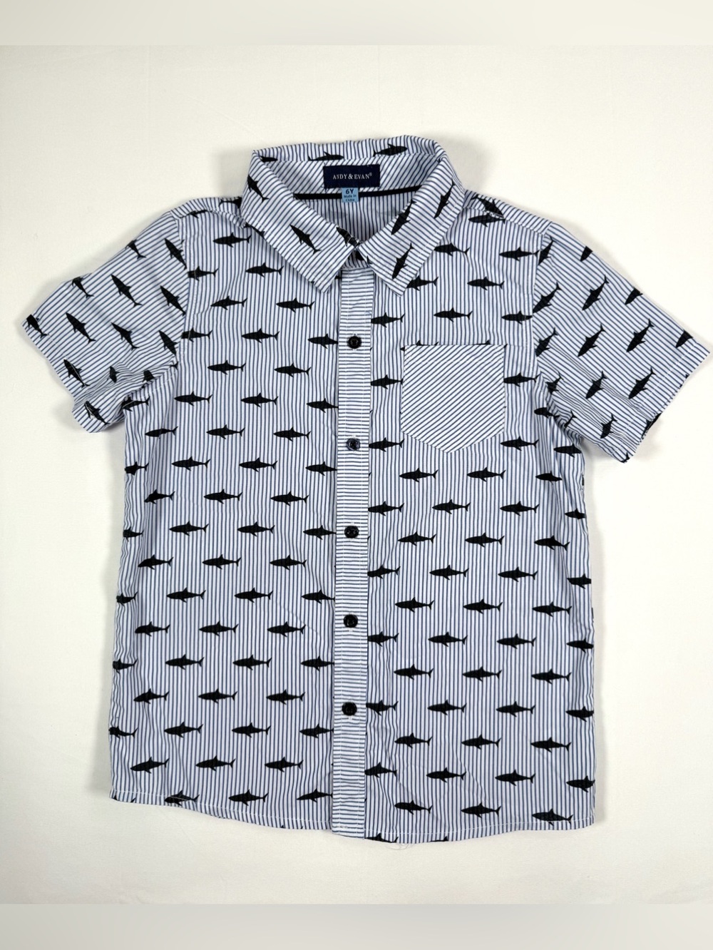 ANDY & EVAN Boys 6Y Shark Print Button Up Shirt White Striped Short Sleeve